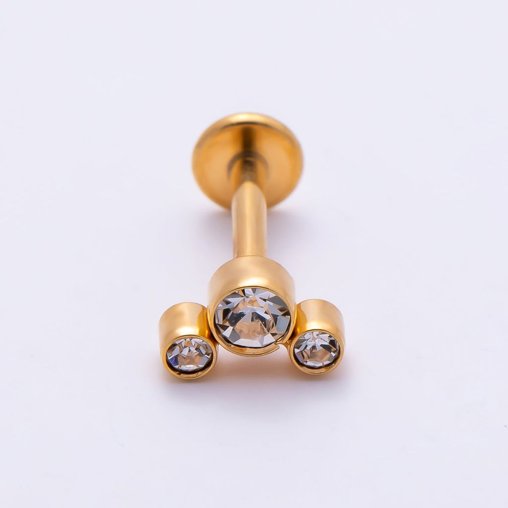 Titanium 11mm Triple Round CZ Bezel Cartilage Piercing Flat Back Stud in Gold & Silver | BJ-00209 BJ-00210 by DLUXCA