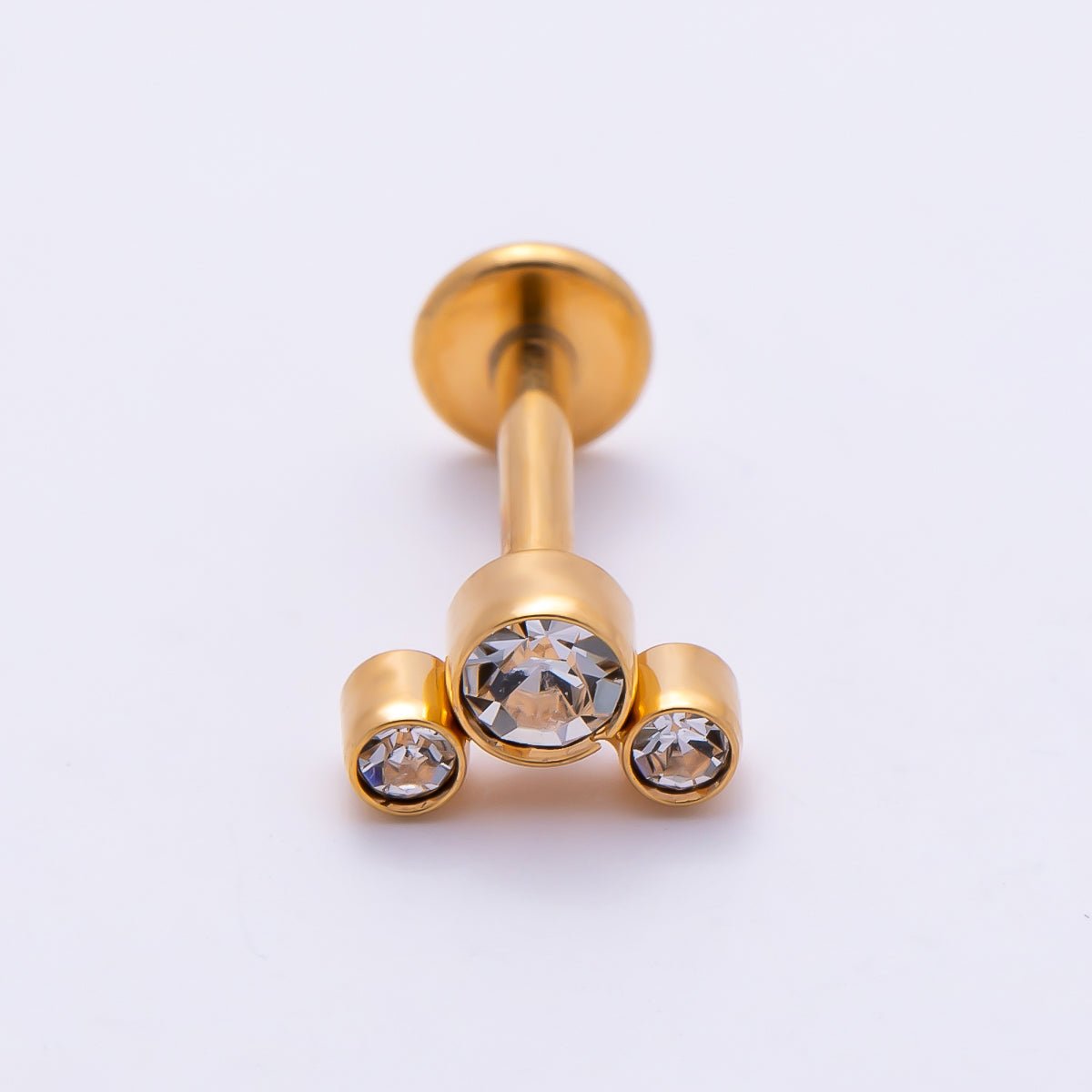 Titanium 11mm Triple Round CZ Bezel Cartilage Piercing Flat Back Stud in Gold & Silver | BJ-00209 BJ-00210 by DLUXCA