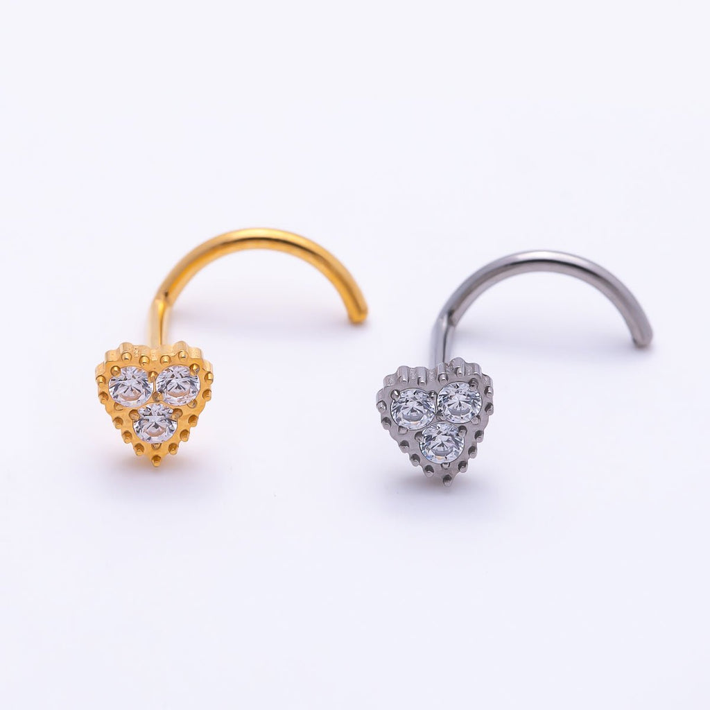 Titanium 4mm CZ Heart Cartilage Nose Single Piercing Flat Back Stud in Gold & Silver | BJ-00224 BJ-00225 by DLUXCA