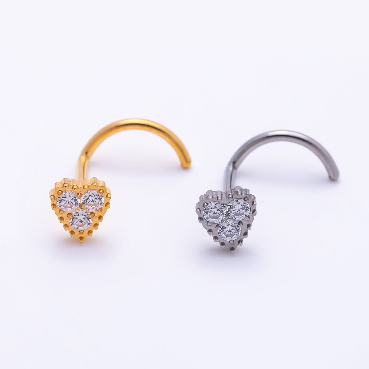Titanium 4mm CZ Heart Cartilage Nose Single Piercing Flat Back Stud in Gold & Silver | BJ-00224 BJ-00225 by DLUXCA