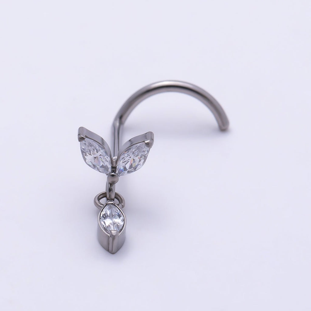 Titanium 9.5mm Marquise CZ Leaf Cartilage Nose Single Piercing Stud in Gold and Silver | BJ-00232 BJ-00233 by DLUXCA