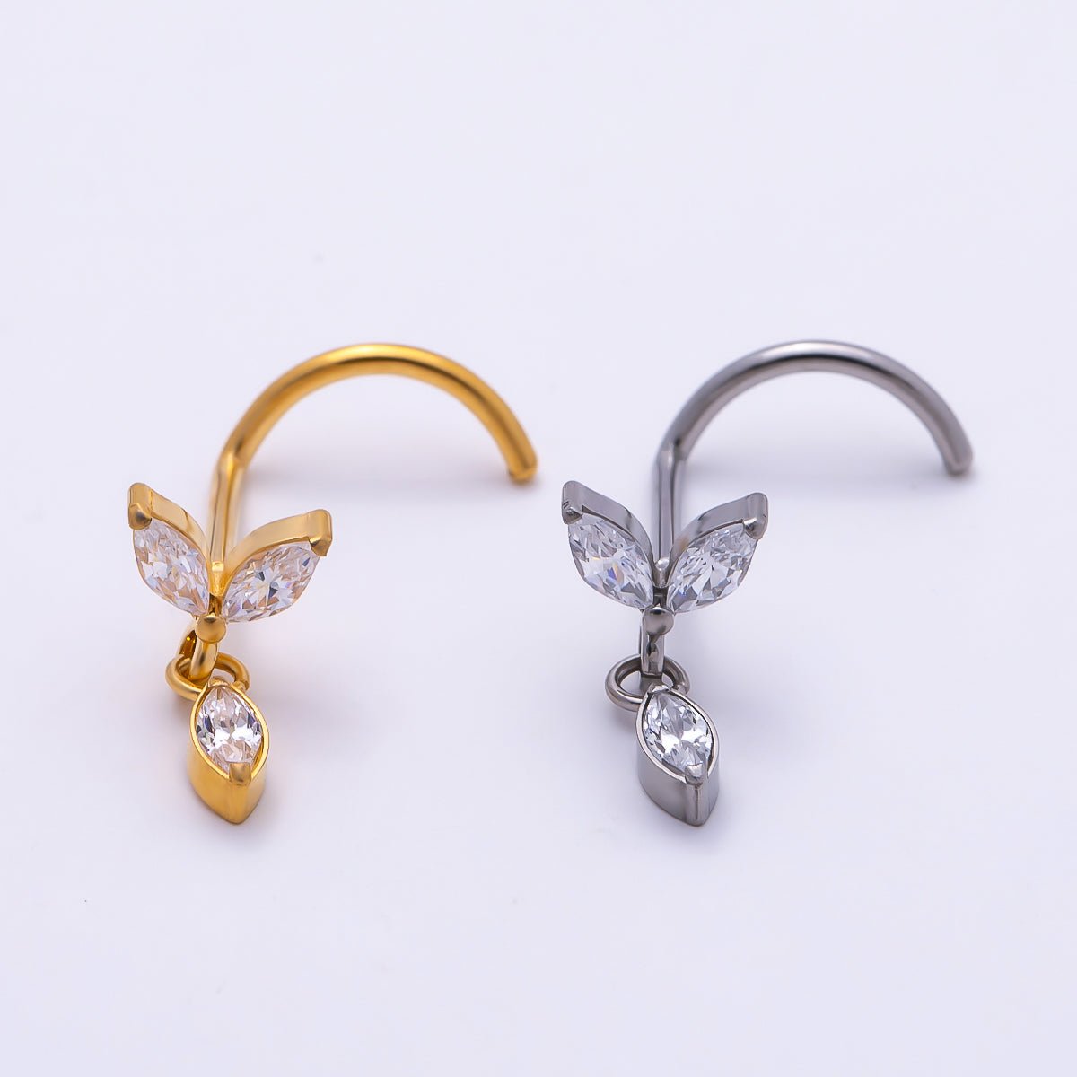 Titanium 9.5mm Marquise CZ Leaf Cartilage Nose Single Piercing Stud in Gold and Silver | BJ-00232 BJ-00233 by DLUXCA