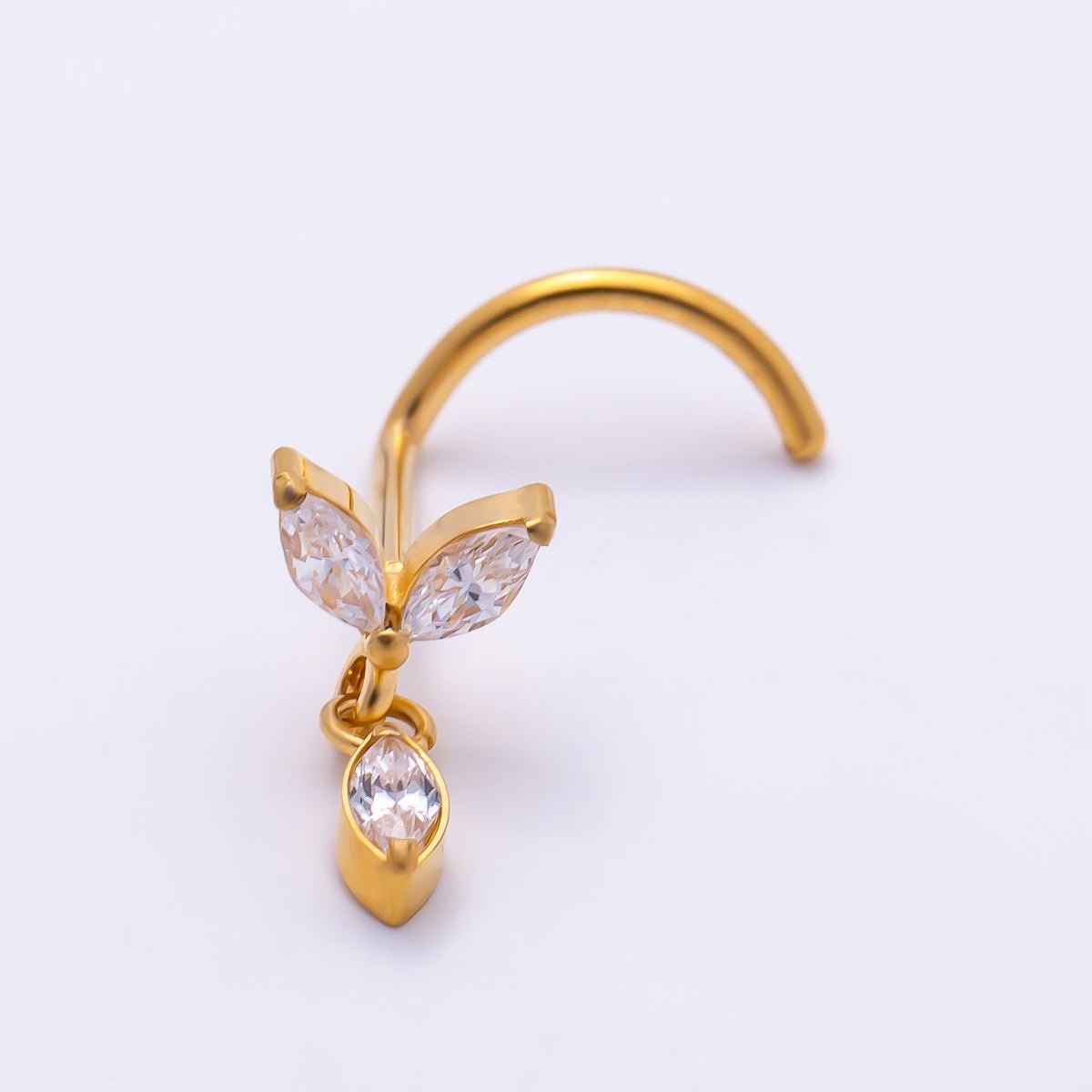 Titanium 9.5mm Marquise CZ Leaf Cartilage Nose Single Piercing Stud in Gold and Silver | BJ-00232 BJ-00233 by DLUXCA