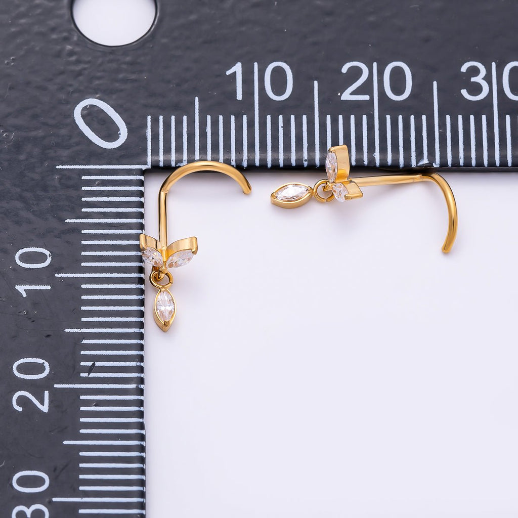 Titanium 9.5mm Marquise CZ Leaf Cartilage Nose Single Piercing Stud in Gold and Silver | BJ-00232 BJ-00233 by DLUXCA