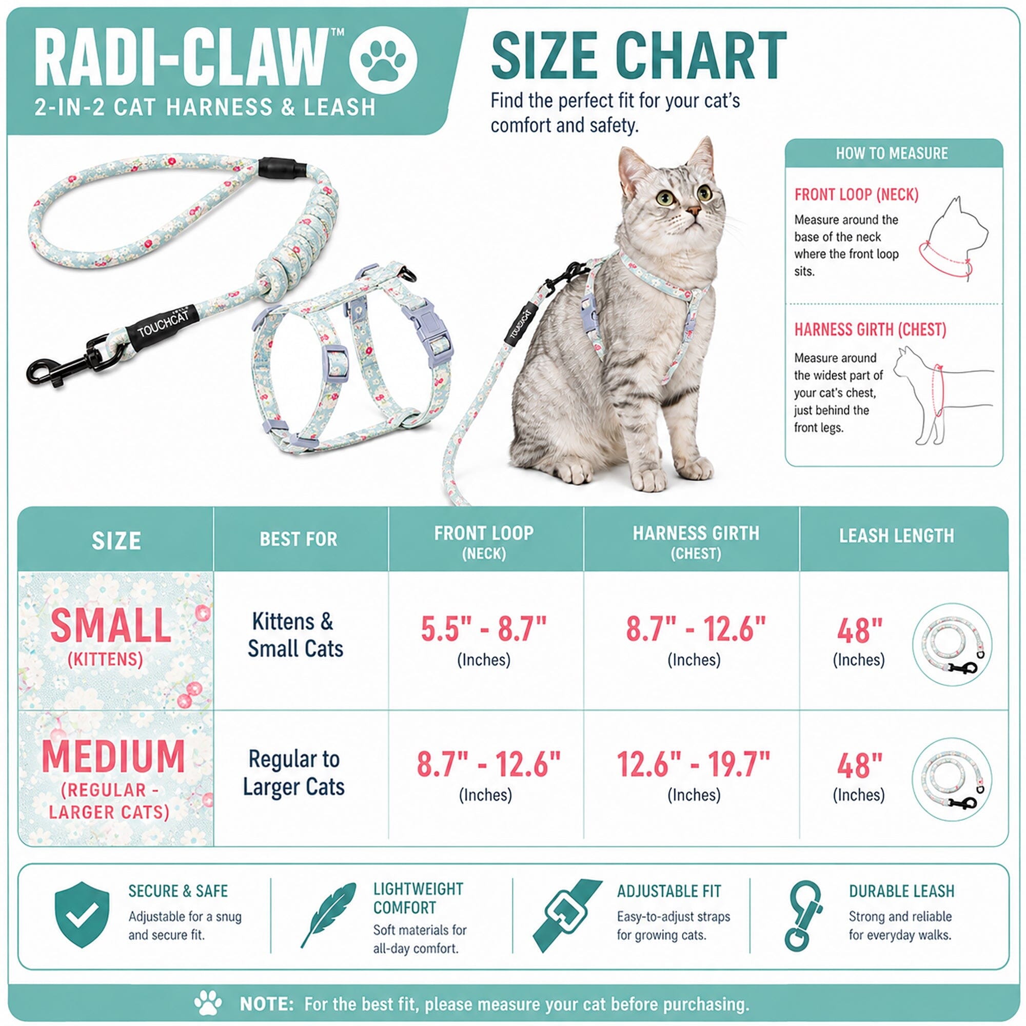 Touchcat 'Radi-Claw' Durable Cable Cat Harness and Leash Combo by Pet Life