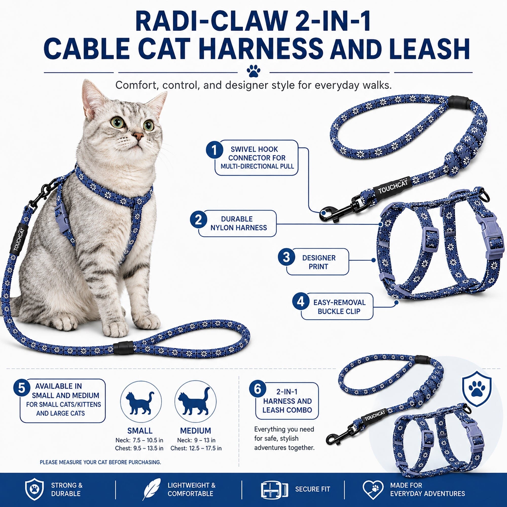Touchcat 'Radi-Claw' Durable Cable Cat Harness and Leash Combo by Pet Life