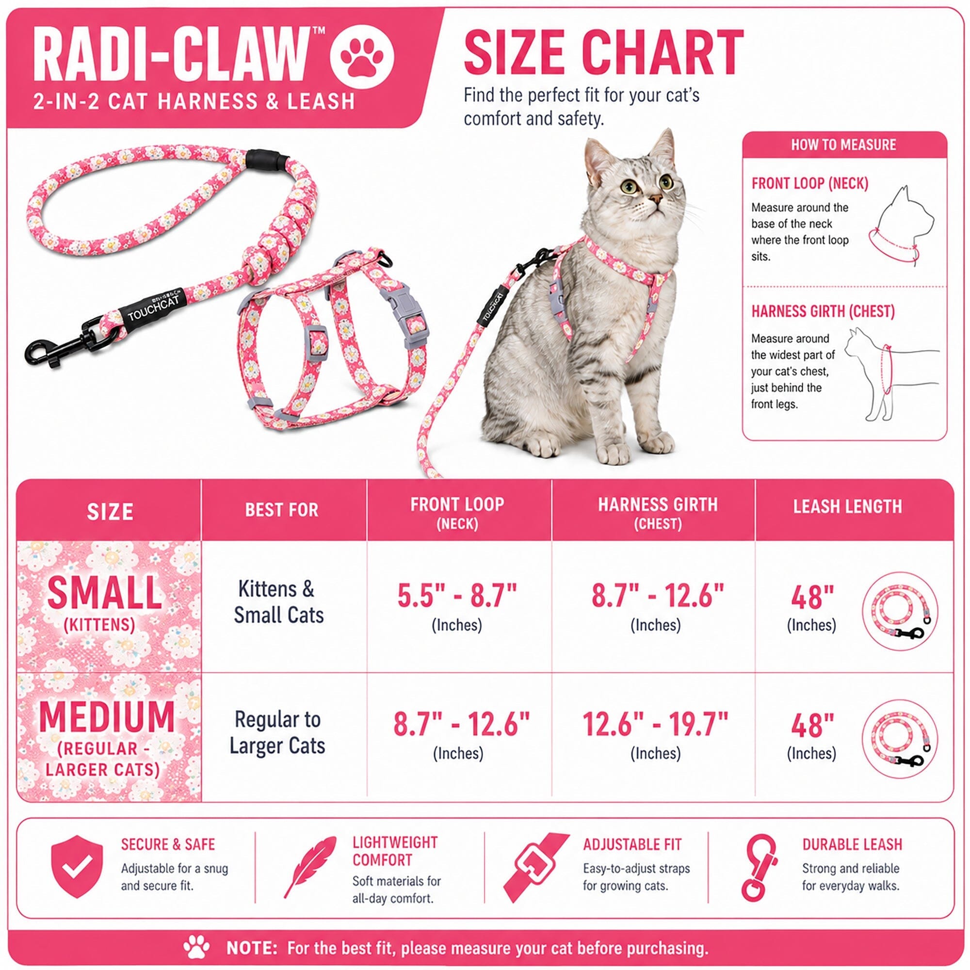 Touchcat 'Radi-Claw' Durable Cable Cat Harness and Leash Combo by Pet Life