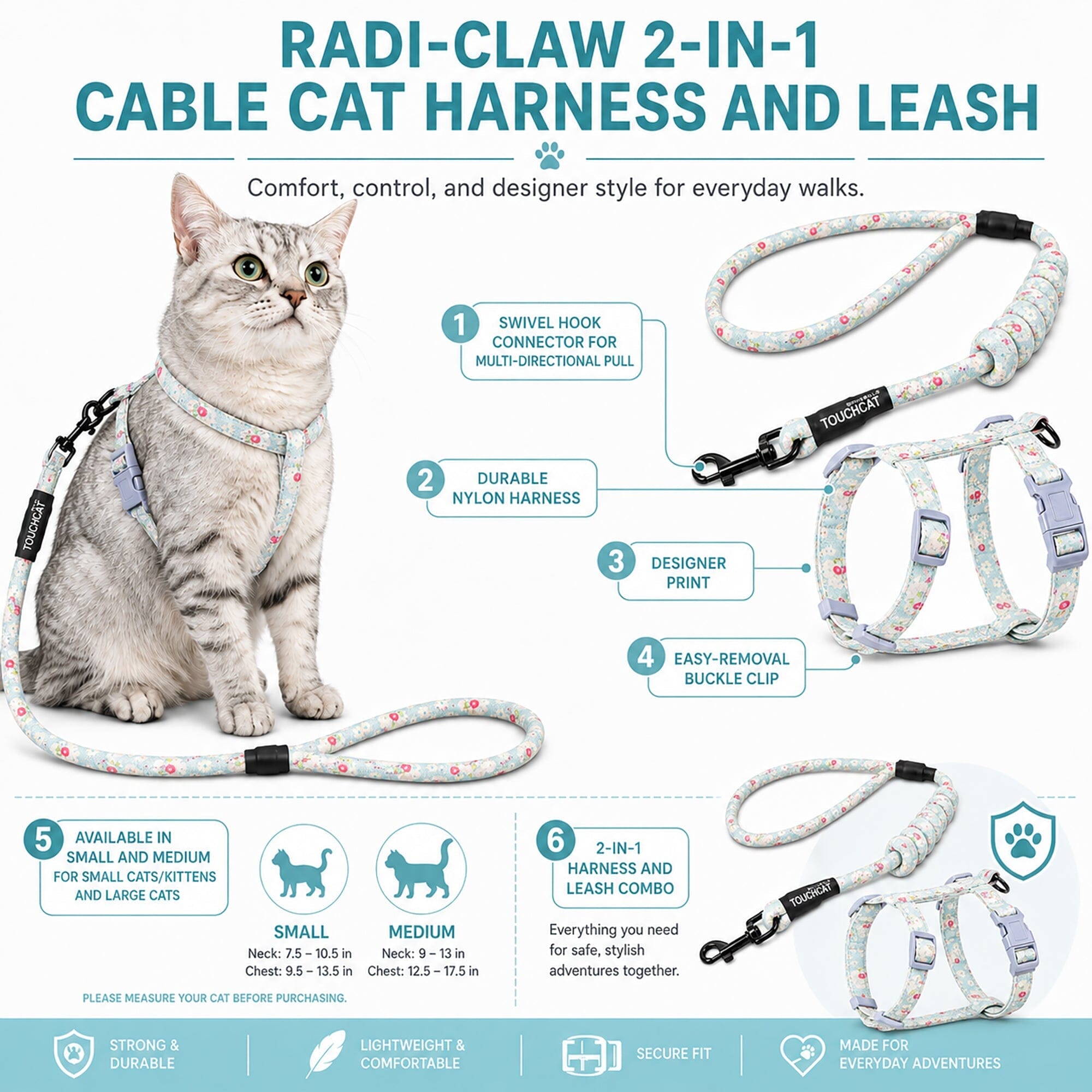 Touchcat 'Radi-Claw' Durable Cable Cat Harness and Leash Combo by Pet Life