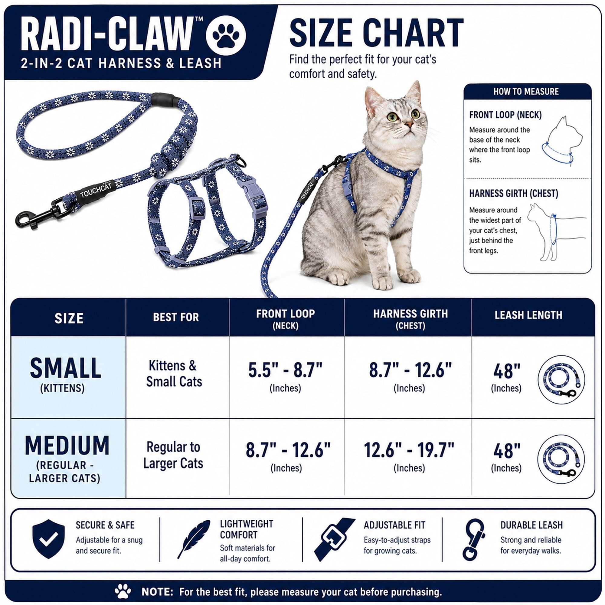 Touchcat 'Radi-Claw' Durable Cable Cat Harness and Leash Combo by Pet Life
