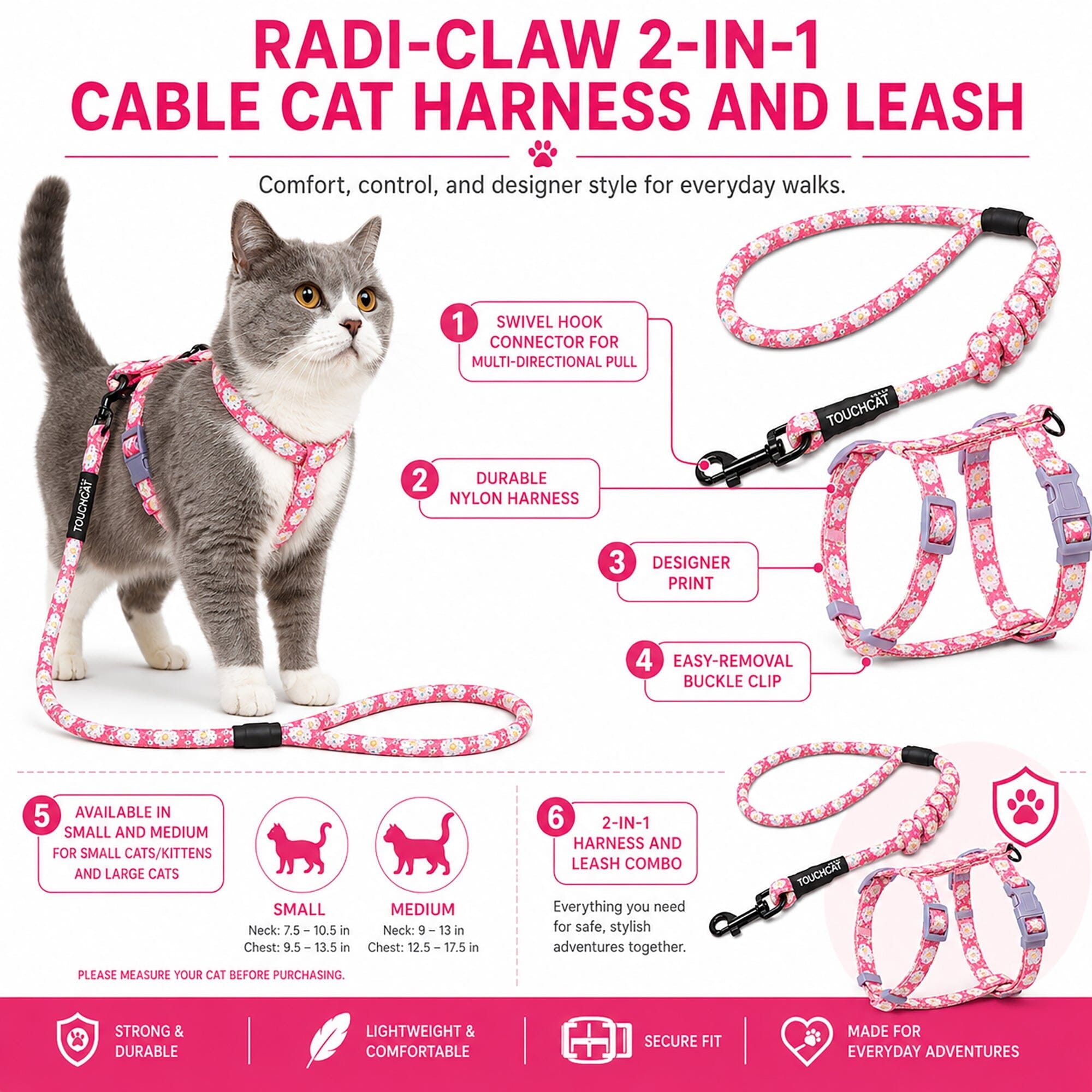 Touchcat 'Radi-Claw' Durable Cable Cat Harness and Leash Combo by Pet Life
