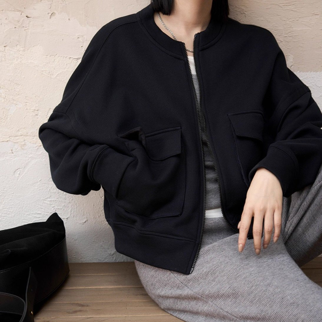 Utility Bomber Jacket | Fleece-Lined Cargo Pocket Jacket(MS245) by Mariam's Collection