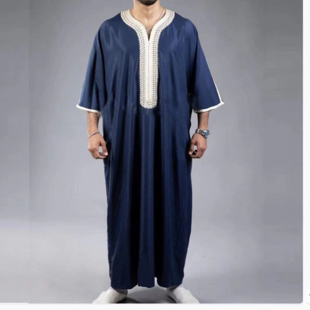 V-Neck Geometric Stitching Embroidered Medium Short Sleeve Muslim Robe Thobe (MT030) by Mariam's Collection