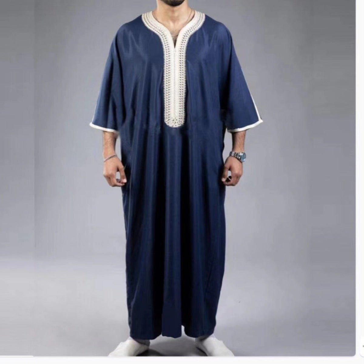 V-Neck Geometric Stitching Embroidered Medium Short Sleeve Muslim Robe Thobe (MT030) by Mariam's Collection