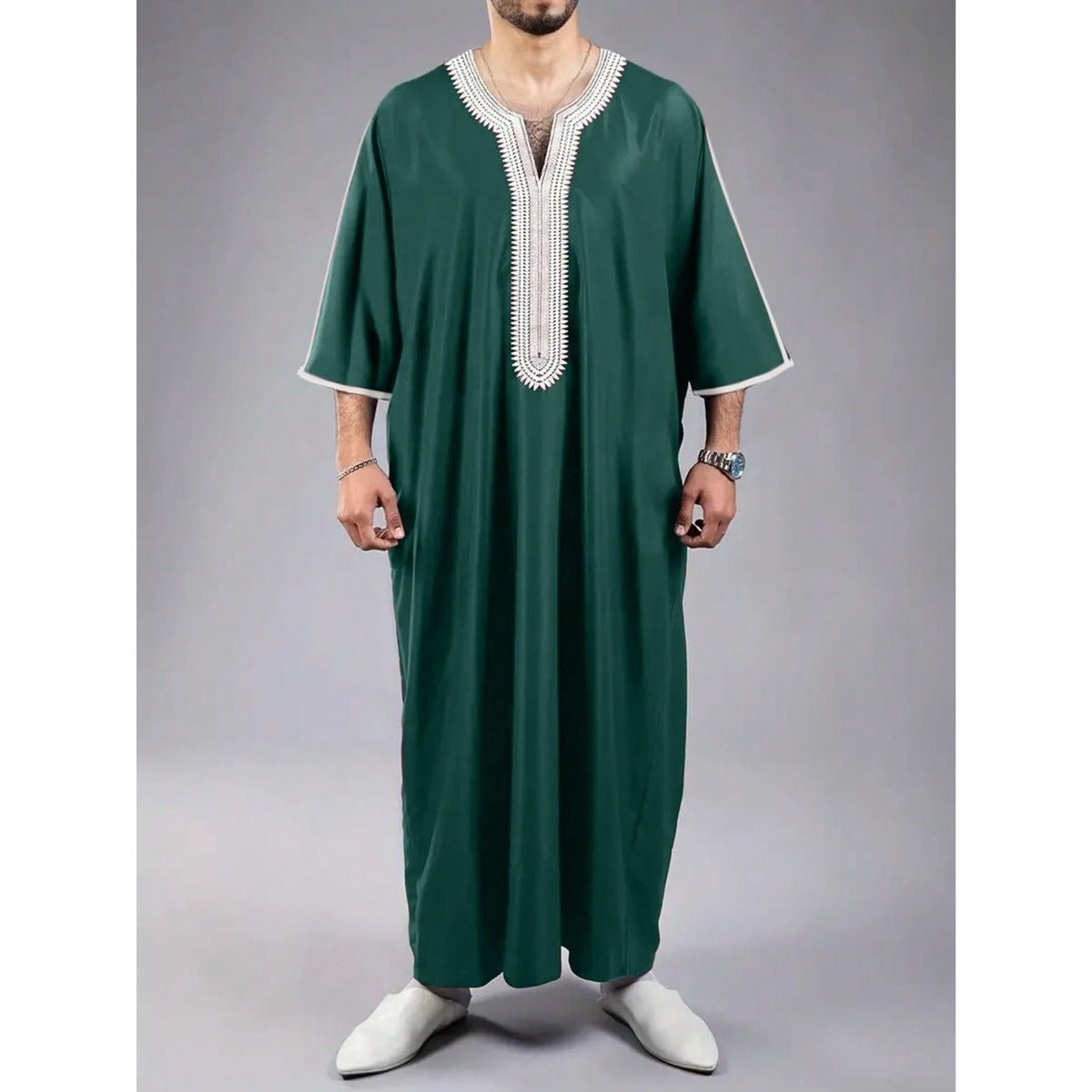 V-Neck Geometric Stitching Embroidered Medium Short Sleeve Muslim Robe Thobe (MT030) by Mariam's Collection