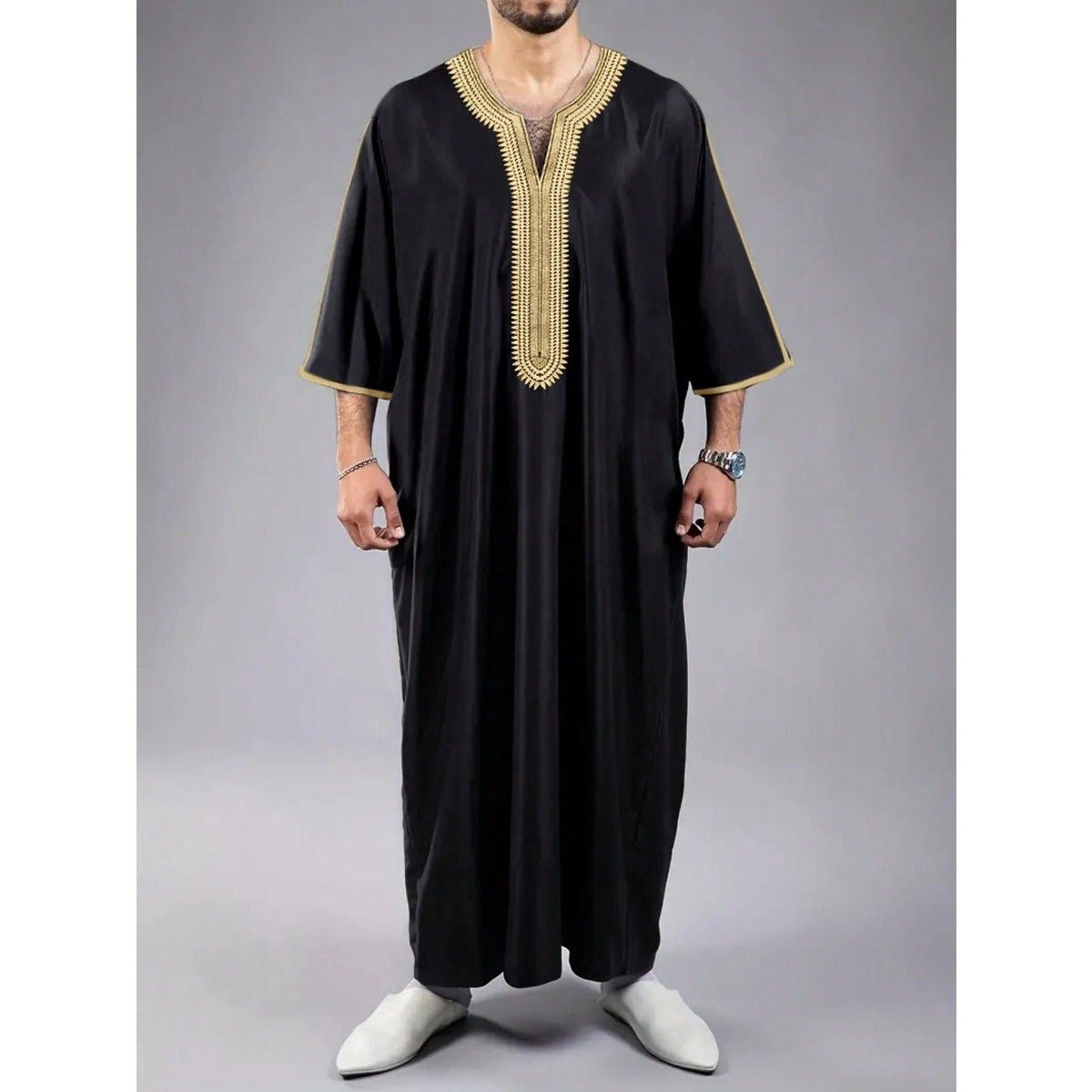 V-Neck Geometric Stitching Embroidered Medium Short Sleeve Muslim Robe Thobe (MT030) by Mariam's Collection