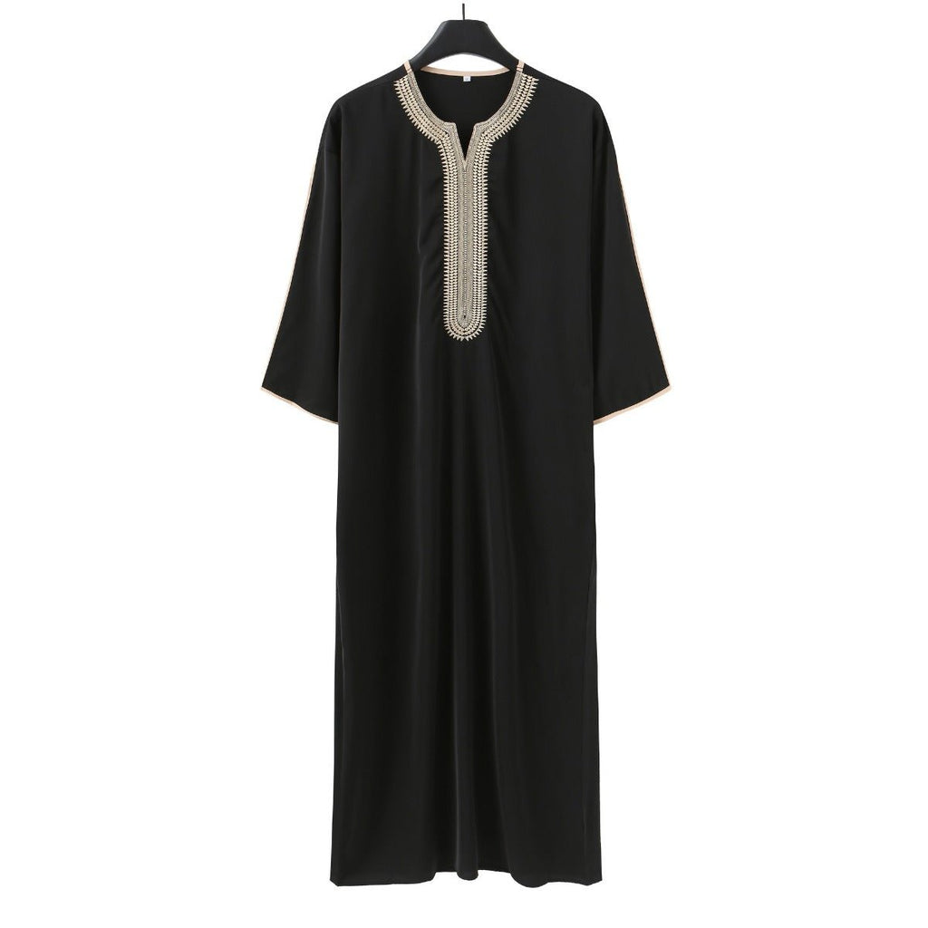 V-Neck Geometric Stitching Embroidered Medium Short Sleeve Muslim Robe Thobe (MT030) by Mariam's Collection