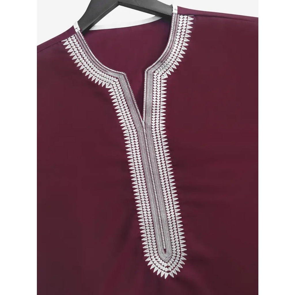 V-Neck Geometric Stitching Embroidered Medium Short Sleeve Muslim Robe Thobe (MT030) by Mariam's Collection