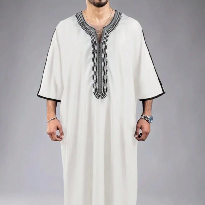 V-Neck Geometric Stitching Embroidered Medium Short Sleeve Muslim Robe Thobe (MT030) by Mariam's Collection