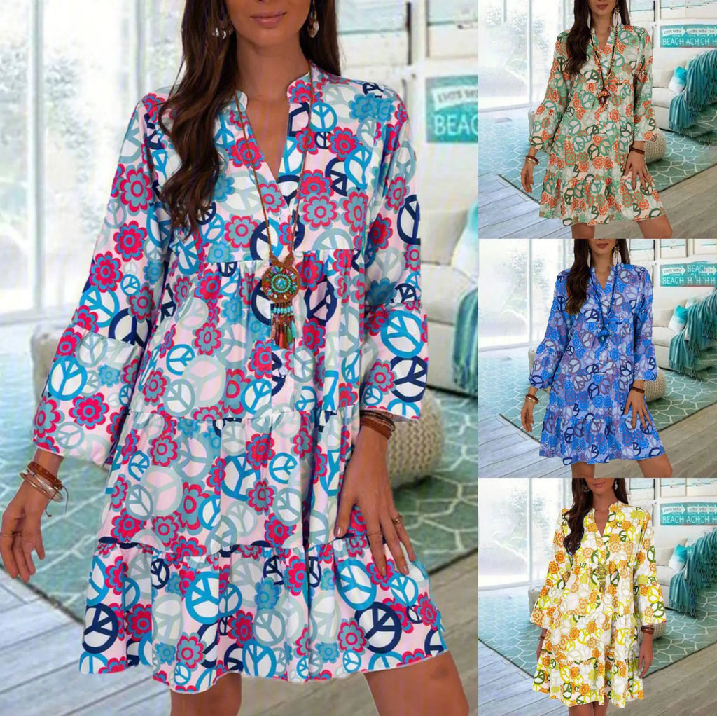 Printed V-neck Button Pleated Dress by Trendy Attic Store01
