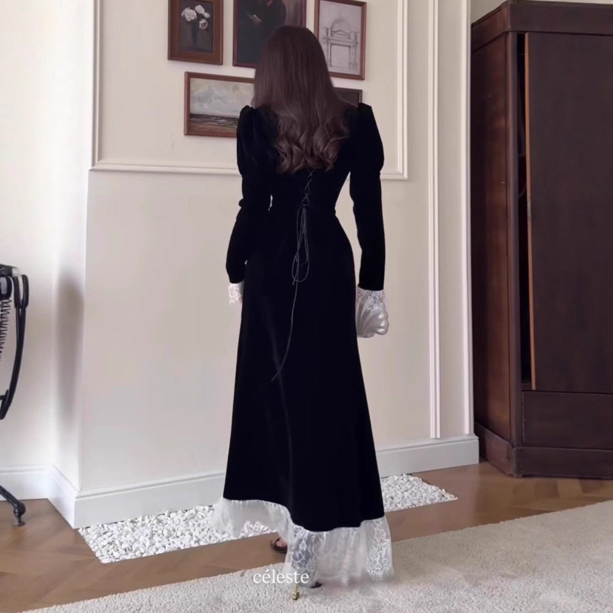 Velvet Gown with Lace Trim(MS238) by Mariam's Collection