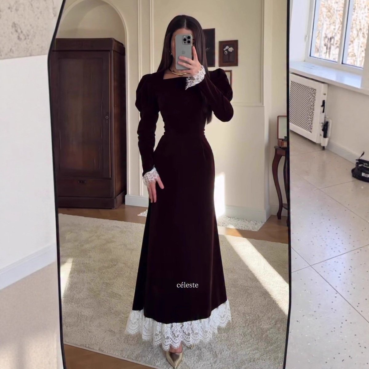 Velvet Gown with Lace Trim(MS238) by Mariam's Collection