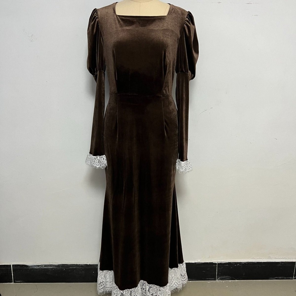 Velvet Gown with Lace Trim(MS238) by Mariam's Collection