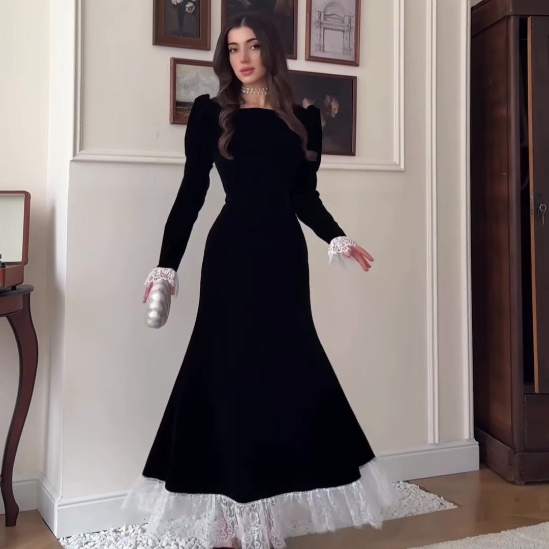 Velvet Gown with Lace Trim(MS238) by Mariam's Collection