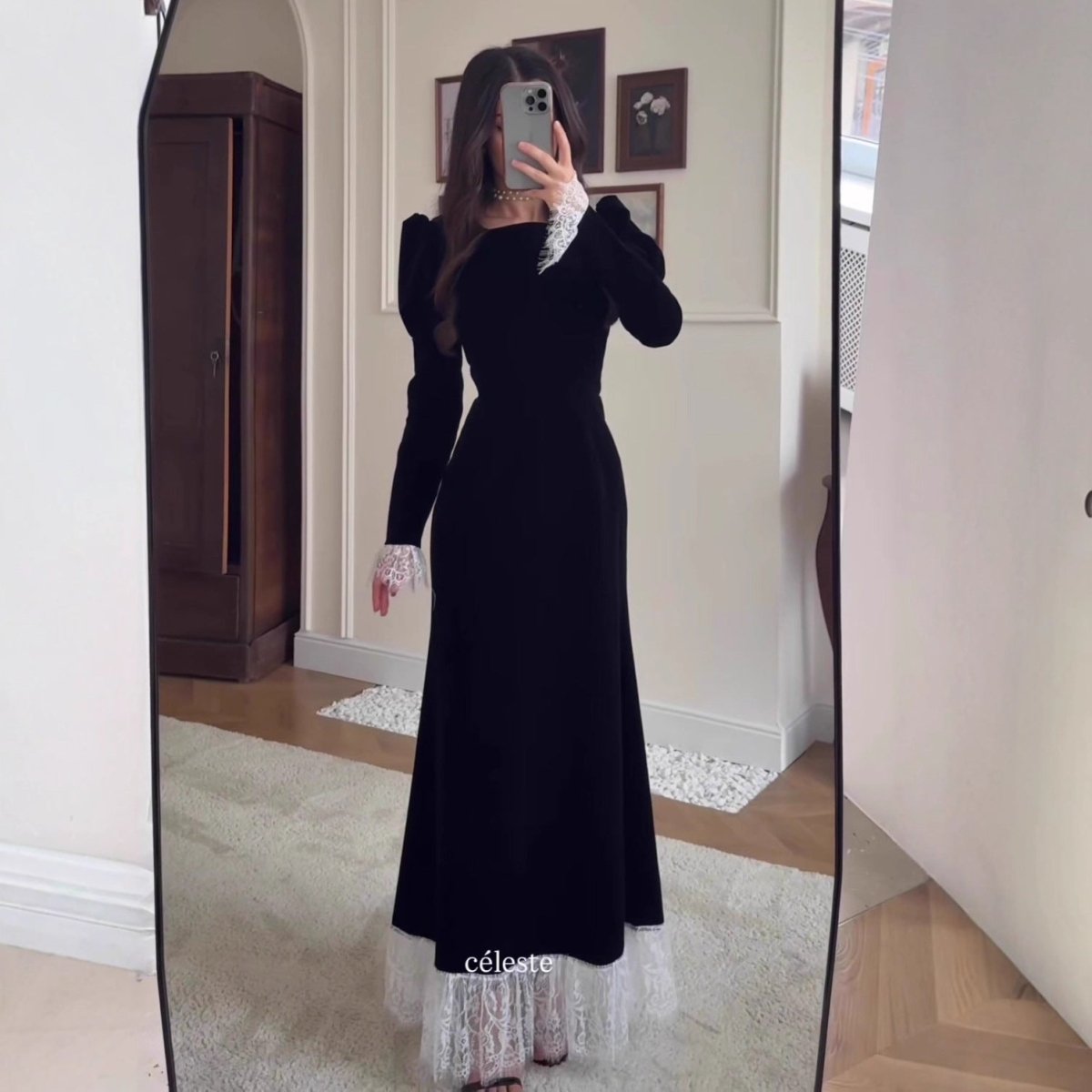Velvet Gown with Lace Trim(MS238) by Mariam's Collection