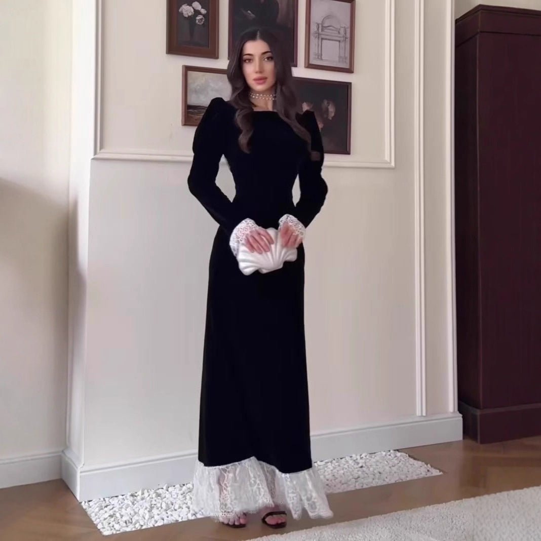Velvet Gown with Lace Trim(MS238) by Mariam's Collection