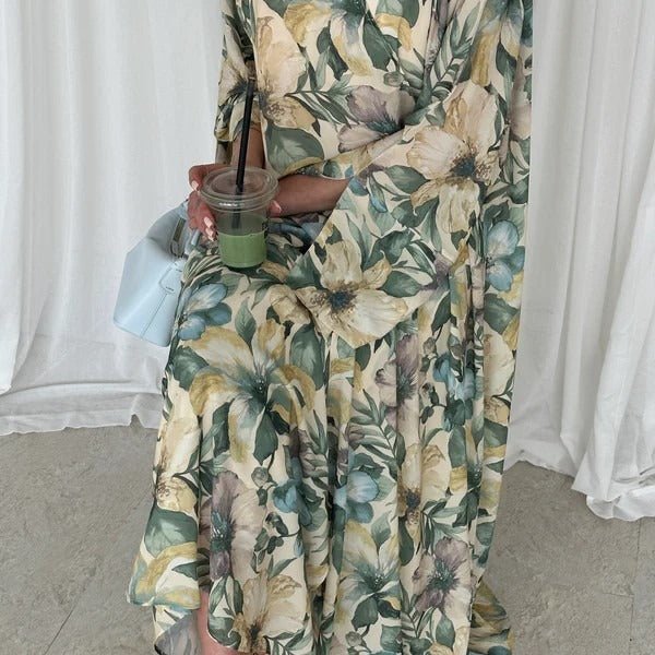 Watercolor Floral Print Abaya Set(MOA257) by Mariam's Collection