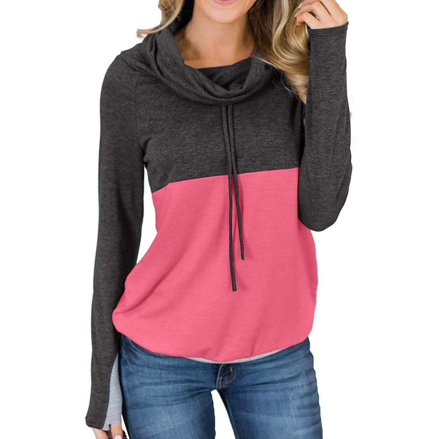 Women Cowl Neck Casual Tunic Sweatshirts Drawstring Long Sleeve Color Block Patchwork Pullover Tops by DailySale