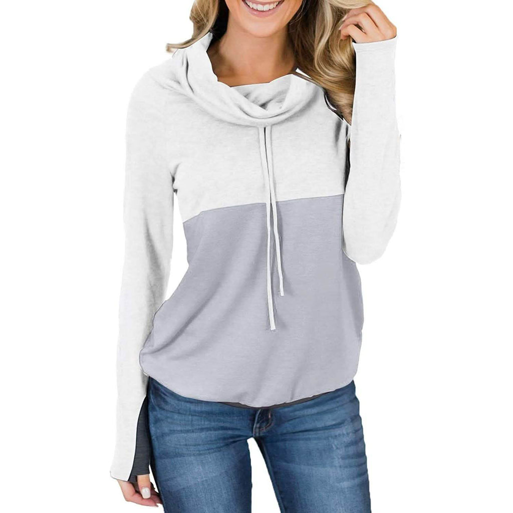 Women Cowl Neck Casual Tunic Sweatshirts Drawstring Long Sleeve Color Block Patchwork Pullover Tops by DailySale