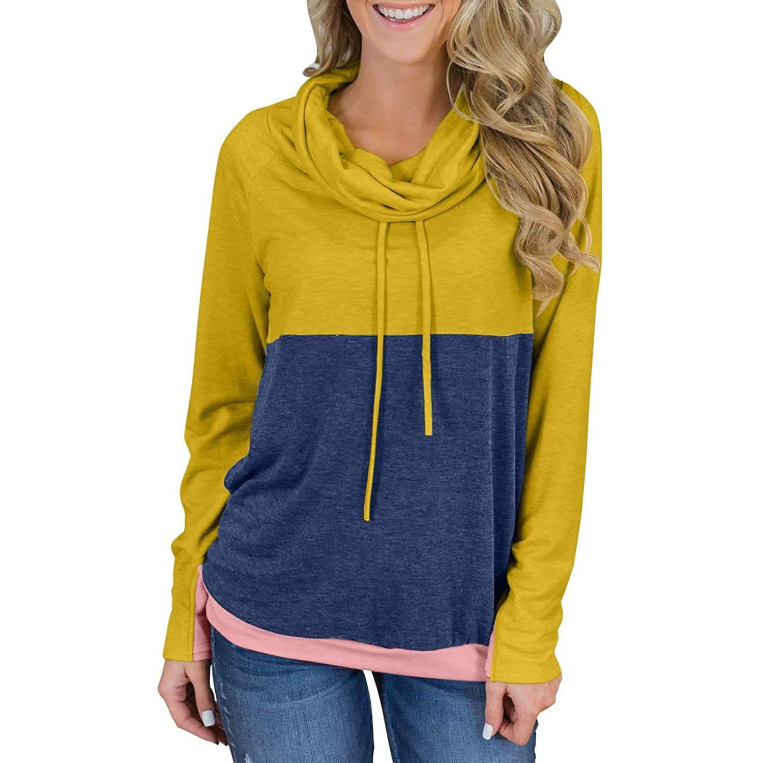 Women Cowl Neck Casual Tunic Sweatshirts Drawstring Long Sleeve Color Block Patchwork Pullover Tops by DailySale