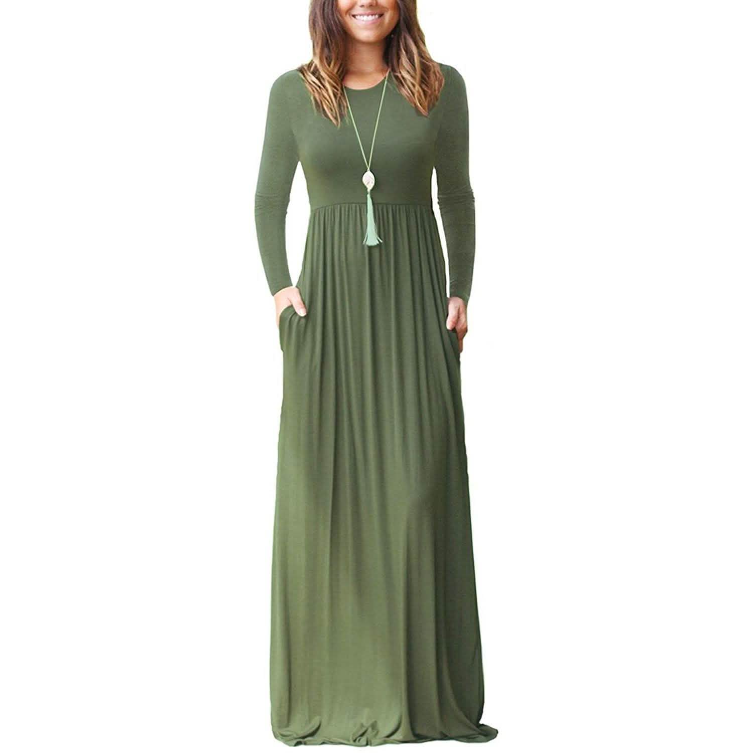 Women Long Sleeve Loose Plain Maxi Dresses Casual Long Dresses with Pockets by DailySale