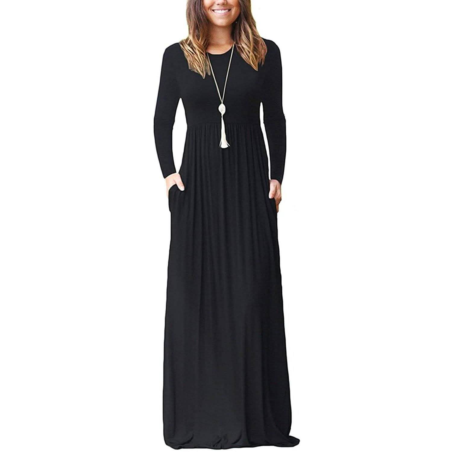 Women Long Sleeve Loose Plain Maxi Dresses Casual Long Dresses with Pockets by DailySale