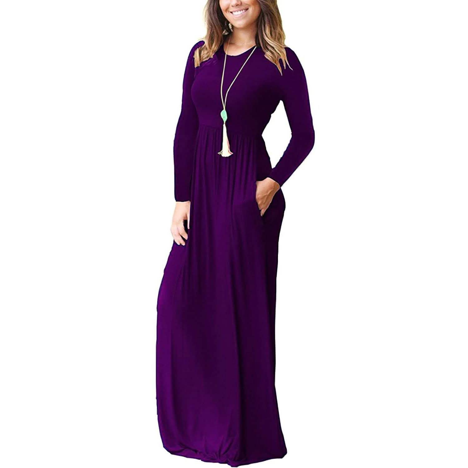 Women Long Sleeve Loose Plain Maxi Dresses Casual Long Dresses with Pockets by DailySale