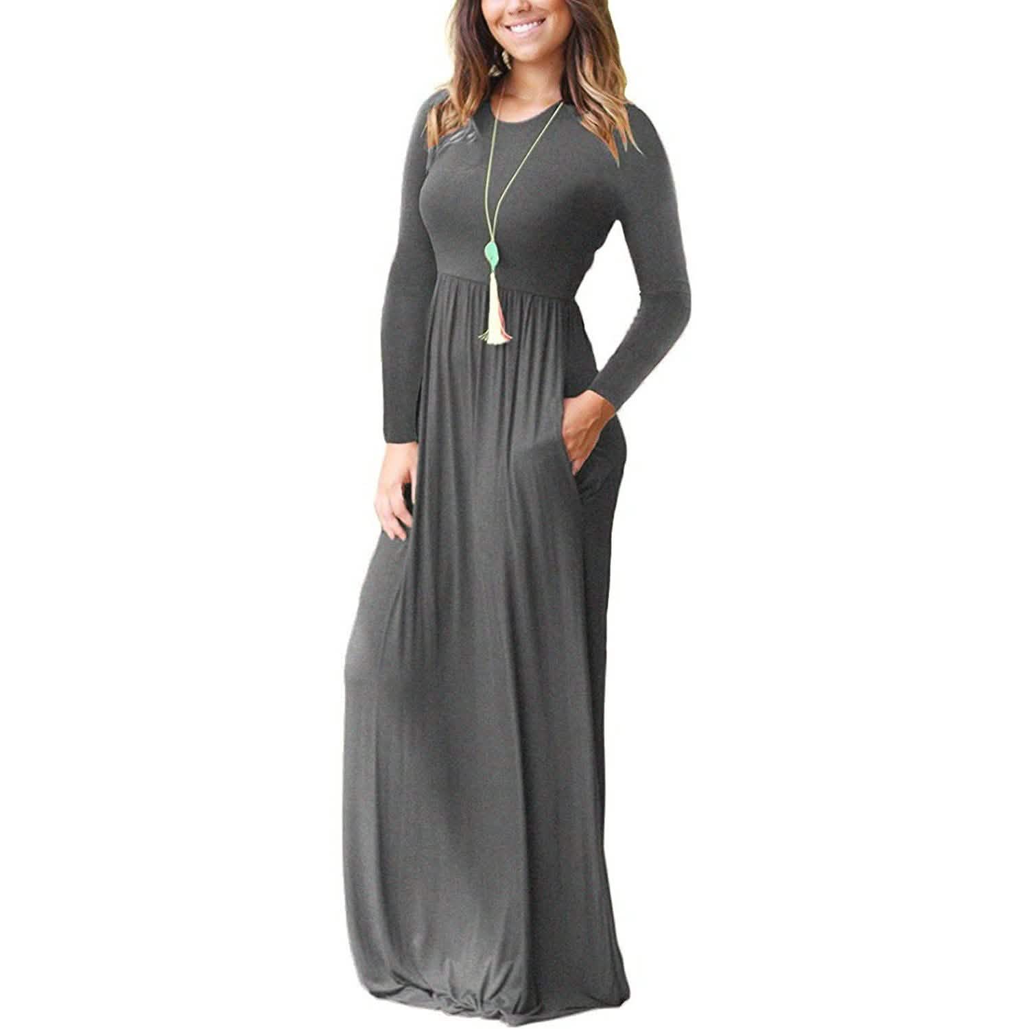 Women Long Sleeve Loose Plain Maxi Dresses Casual Long Dresses with Pockets by DailySale
