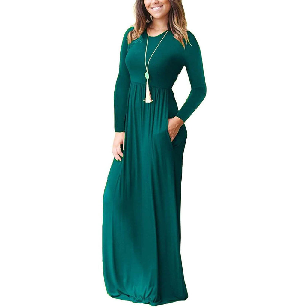 Women Long Sleeve Loose Plain Maxi Dresses Casual Long Dresses with Pockets by DailySale