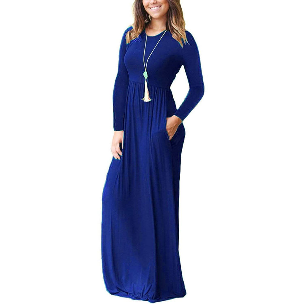 Women Long Sleeve Loose Plain Maxi Dresses Casual Long Dresses with Pockets by DailySale