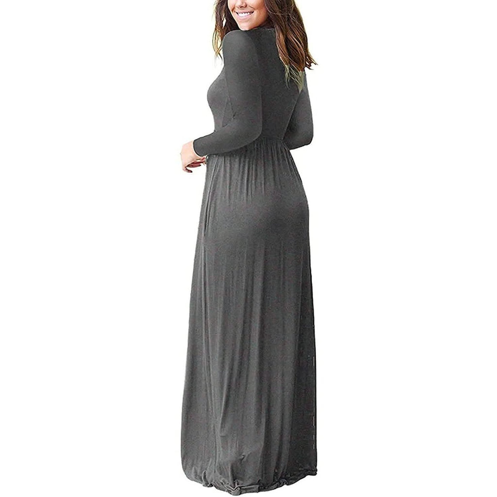 Women Long Sleeve Loose Plain Maxi Dresses Casual Long Dresses with Pockets by DailySale