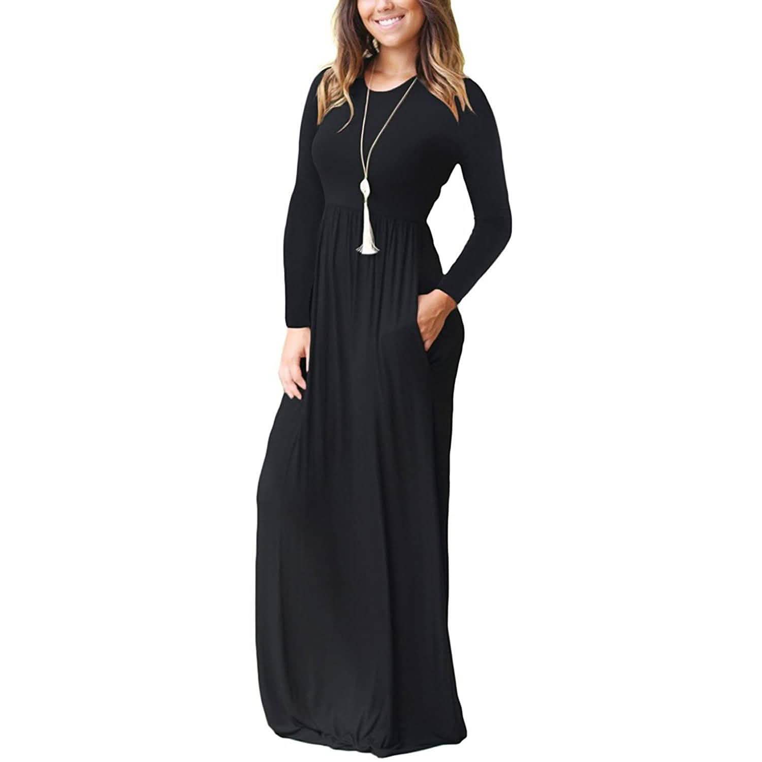 Women Long Sleeve Loose Plain Maxi Dresses Casual Long Dresses with Pockets by DailySale