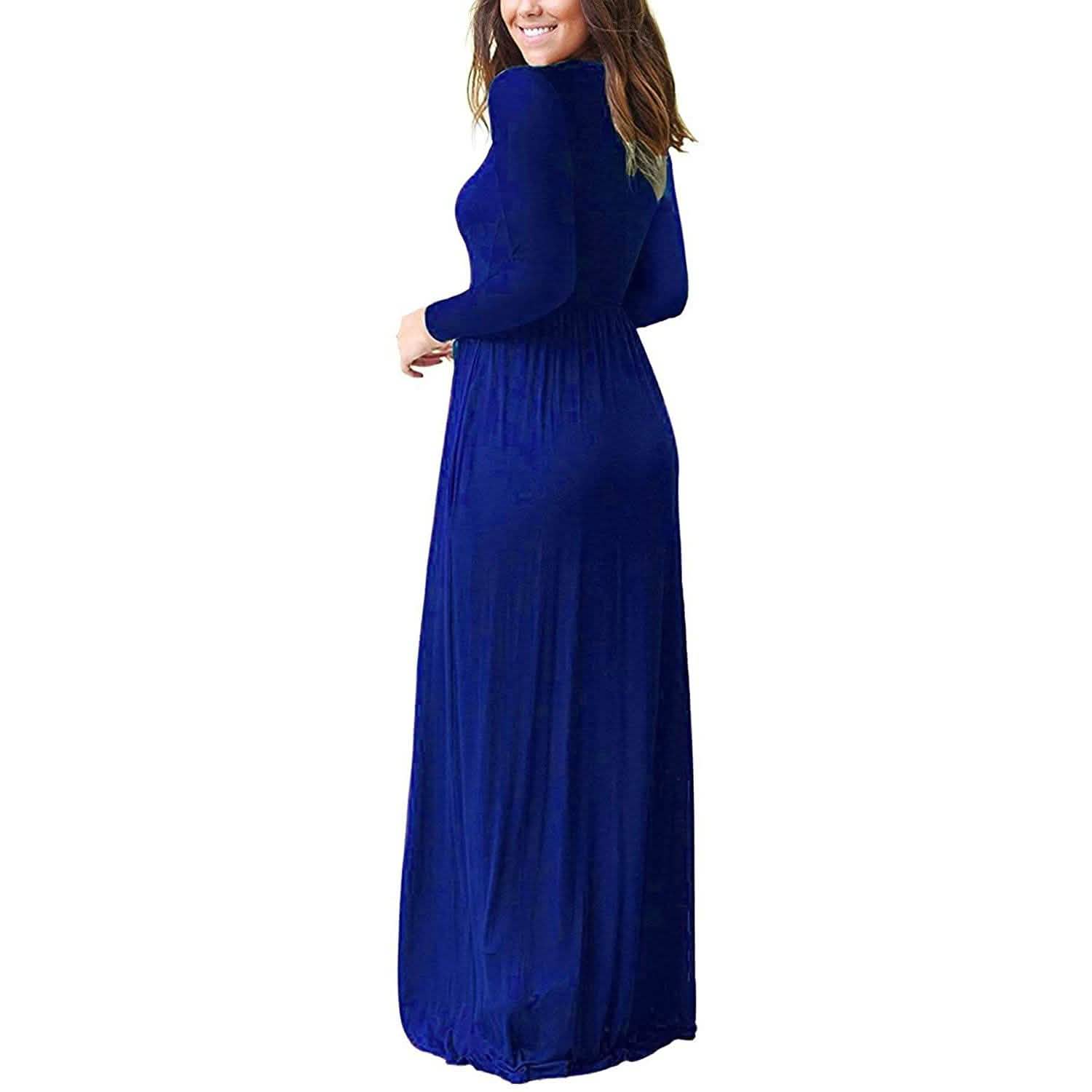 Women Long Sleeve Loose Plain Maxi Dresses Casual Long Dresses with Pockets by DailySale
