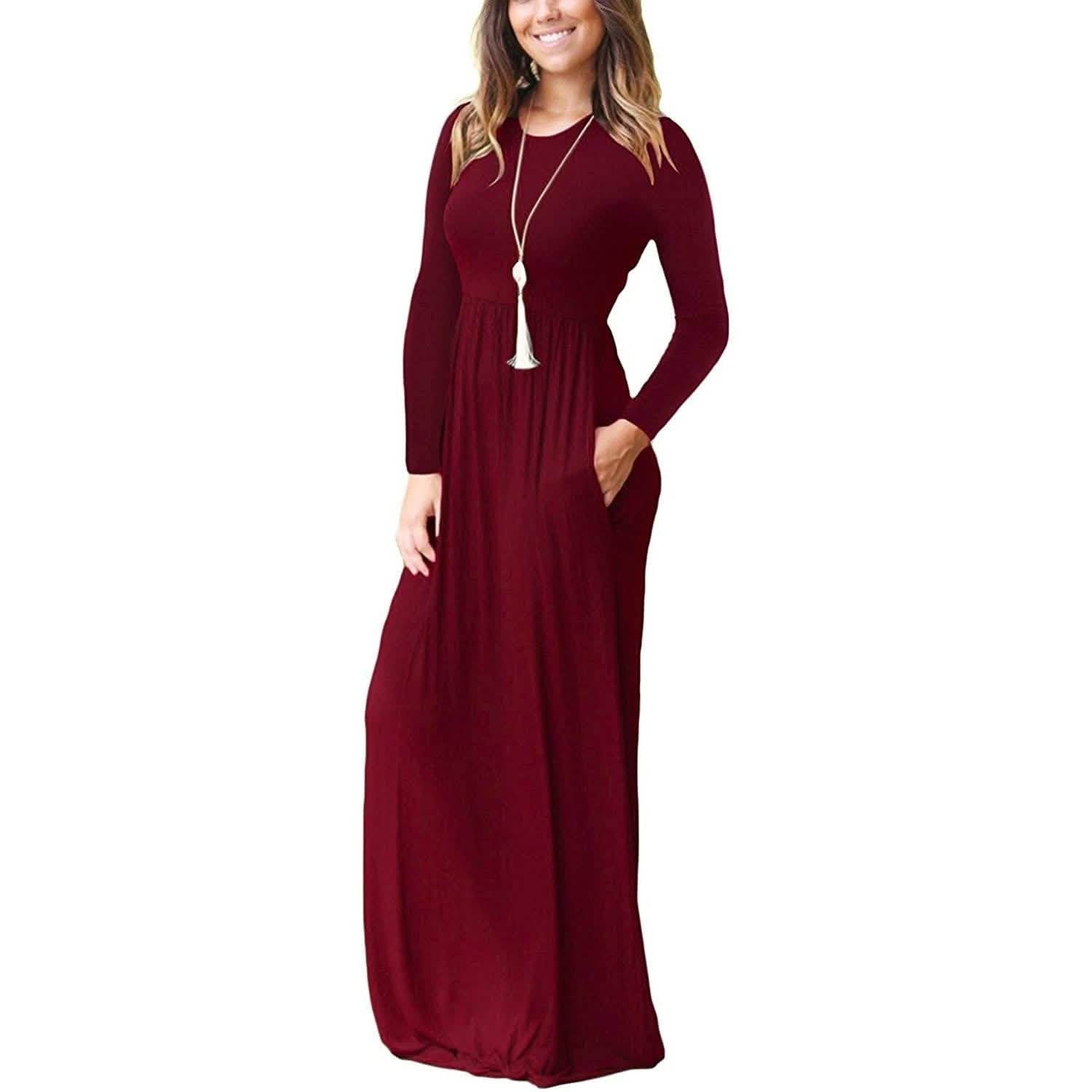 Women Long Sleeve Loose Plain Maxi Dresses Casual Long Dresses with Pockets by DailySale