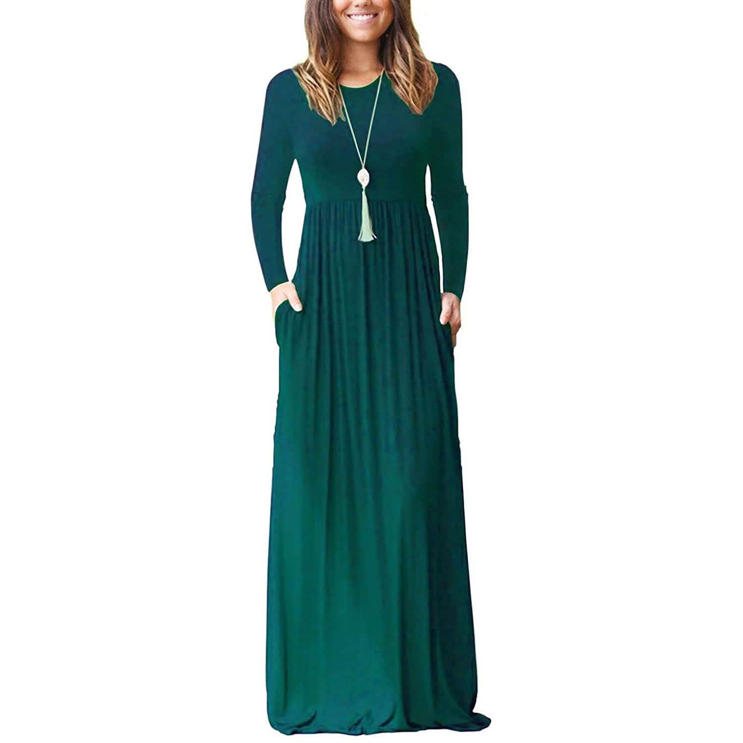 Women Long Sleeve Loose Plain Maxi Dresses Casual Long Dresses with Pockets by DailySale