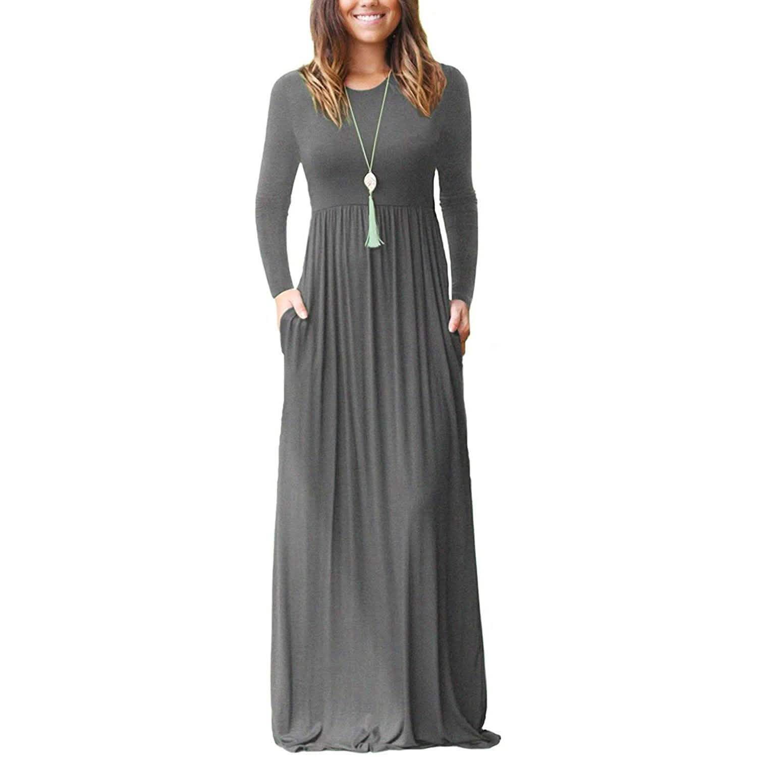 Women Long Sleeve Loose Plain Maxi Dresses Casual Long Dresses with Pockets by DailySale