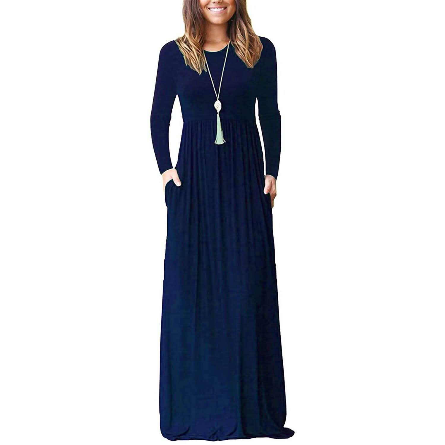 Women Long Sleeve Loose Plain Maxi Dresses Casual Long Dresses with Pockets by DailySale