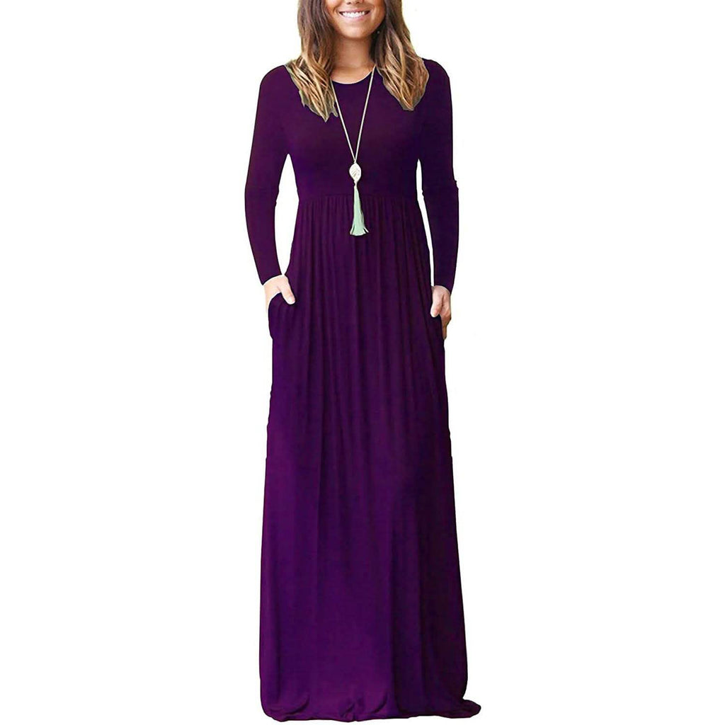 Women Long Sleeve Loose Plain Maxi Dresses Casual Long Dresses with Pockets by DailySale