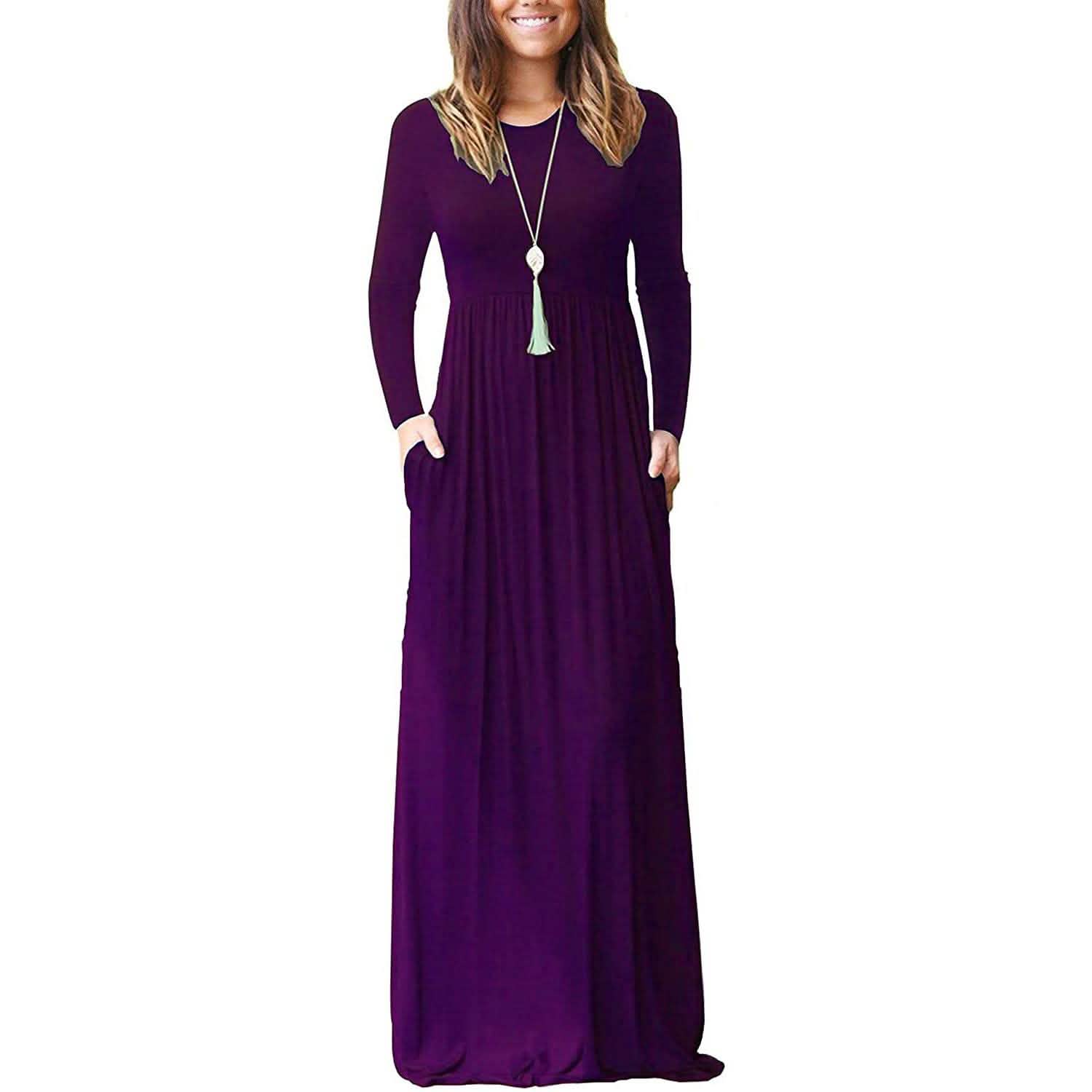 Women Long Sleeve Loose Plain Maxi Dresses Casual Long Dresses with Pockets by DailySale