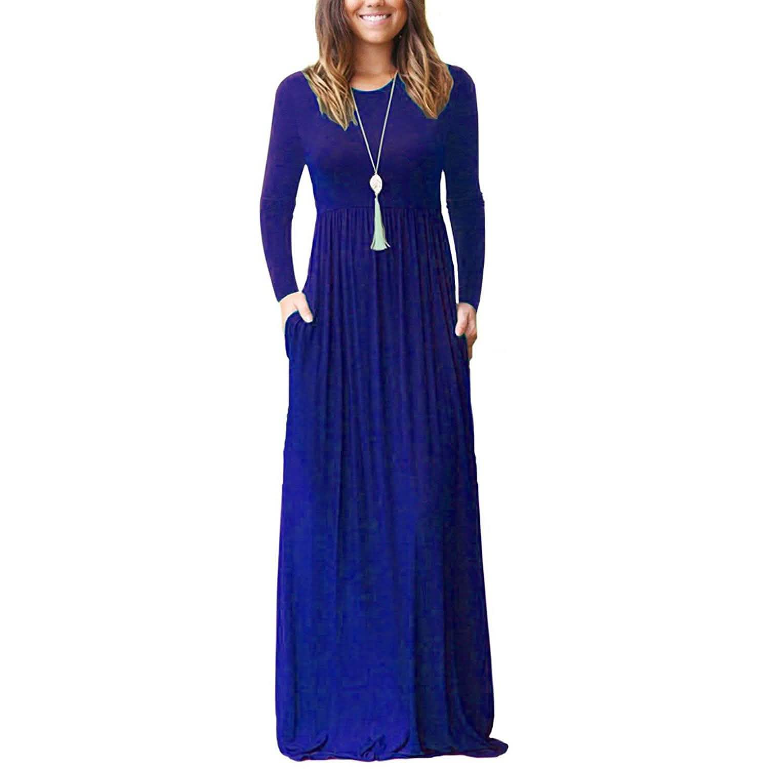 Women Long Sleeve Loose Plain Maxi Dresses Casual Long Dresses with Pockets by DailySale