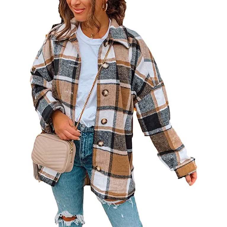 Women's Casual Woolen Long Sleeve Button Down Plaid Jacket by DailySale